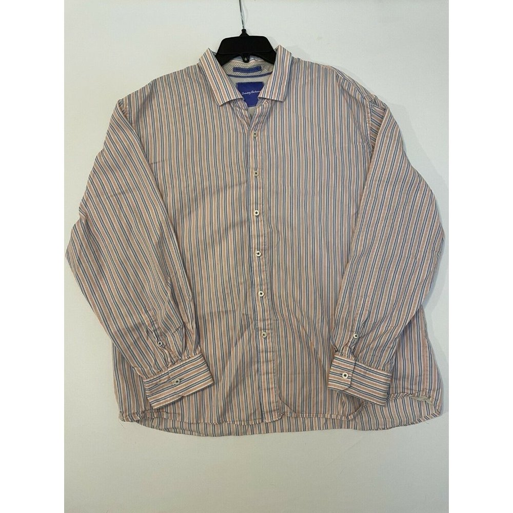 TOMMY BAHAMA STRIPE 100% COTTON LONG SLEEVE CASUAL SHIRT SIZE XXL RED BLUE